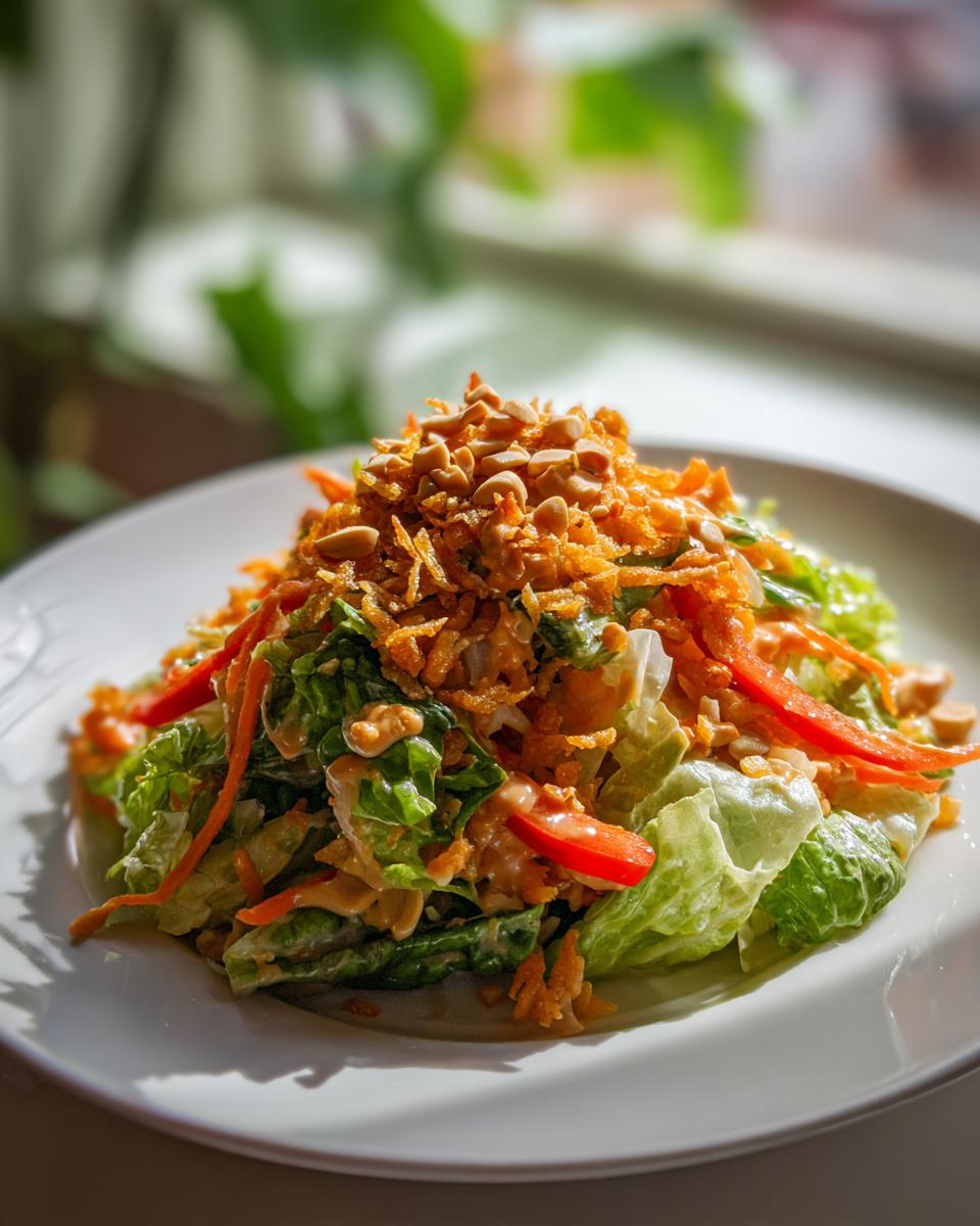 A vibrant serving of crispy rice salad with peanut sesame dressing, topped with crunchy fried onions and peanuts.