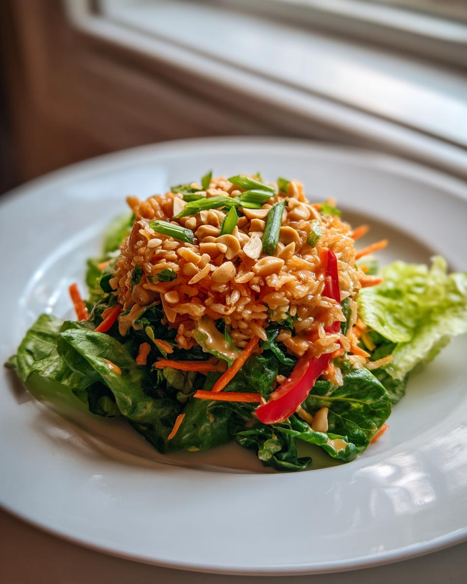A mound of crispy rice salad with peanut sesame dressing served over greens, topped with peanuts and scallions.