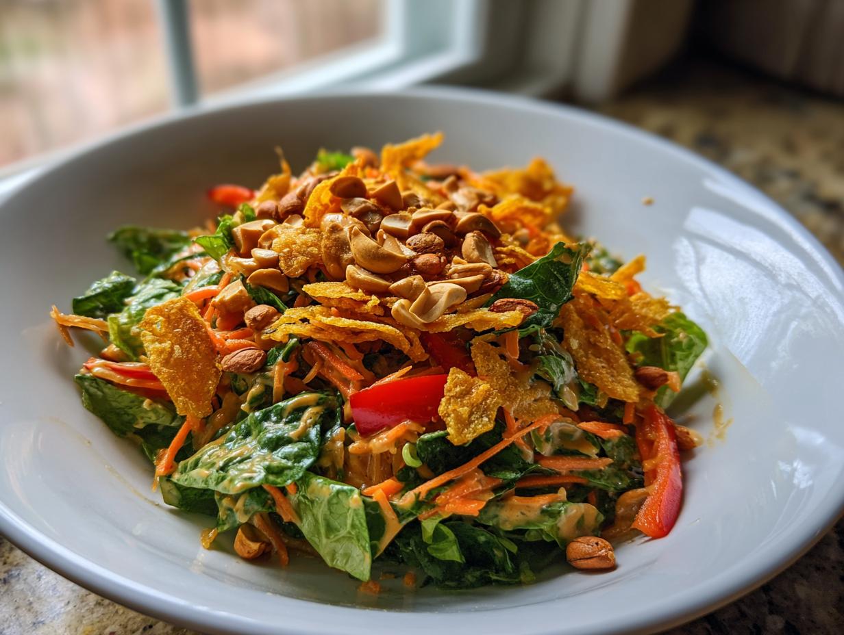 A vibrant bowl of crispy rice salad with peanut sesame dressing, topped with crunchy fried rice pieces and peanuts.