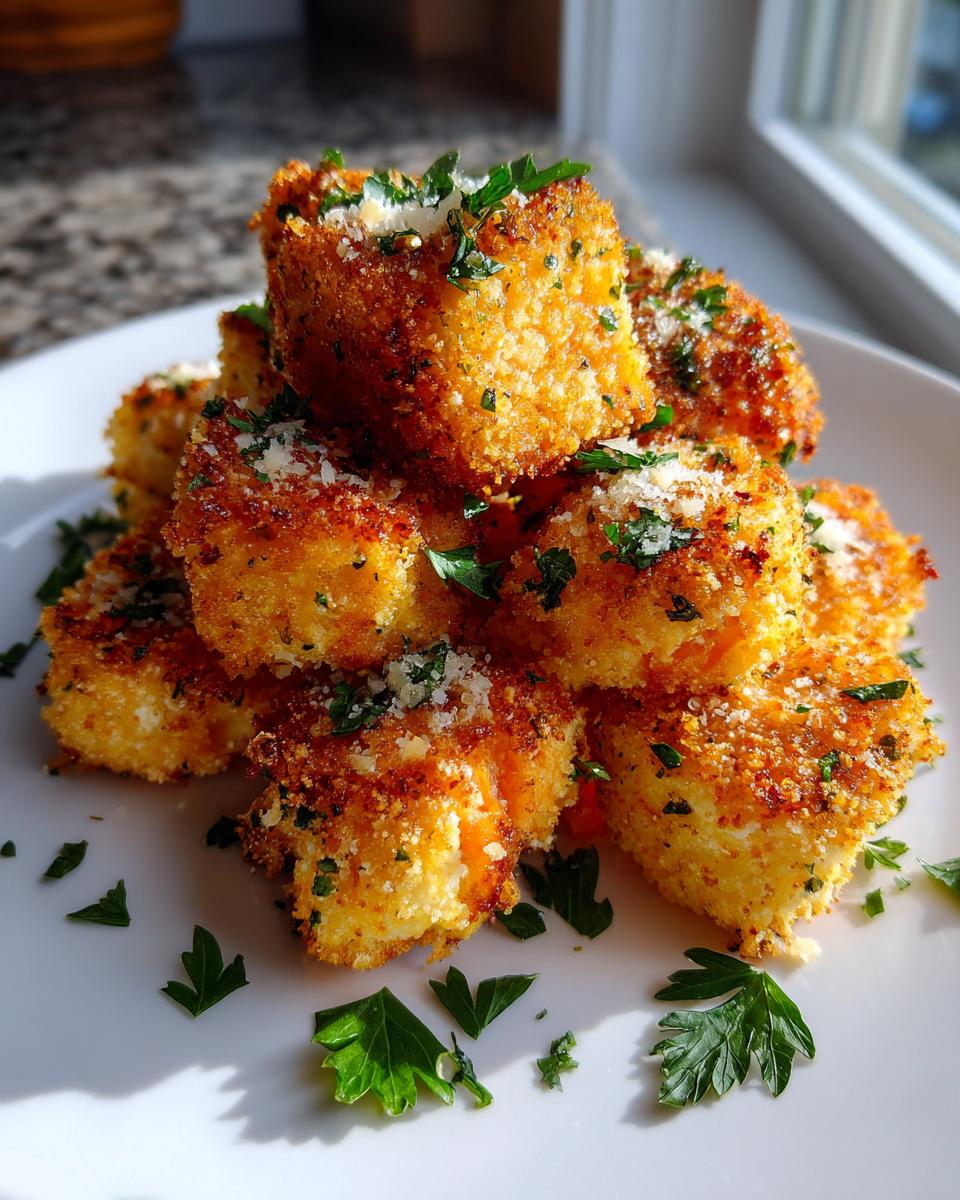 A stack of golden brown, crispy salmon bites topped with grated Parmesan cheese and fresh parsley.