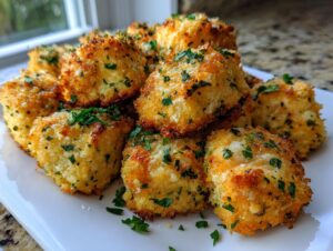 A pile of golden brown, crispy baked salmon bites sprinkled generously with fresh green parsley.