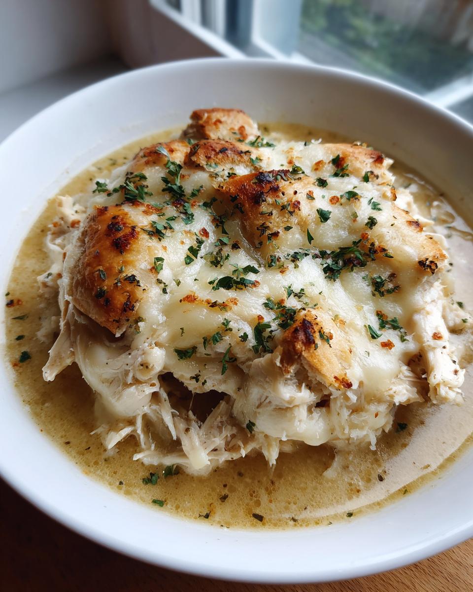 A close-up of a bowl of crock pot creamy chicken parmesan soup topped with melted cheese and croutons.