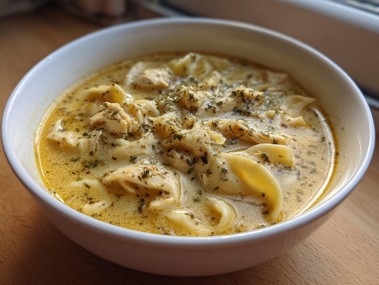 Close-up of a white bowl filled with crock pot creamy chicken parmesan soup, featuring shredded chicken and egg noodles.