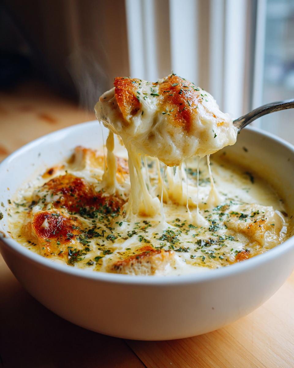A spoonful of hot crock pot creamy chicken parmesan soup showing extreme cheese pull, topped with croutons and herbs.