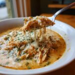 A fork lifting shredded chicken covered in melted, stringy cheese from a bowl of crock pot creamy chicken parmesan soup.