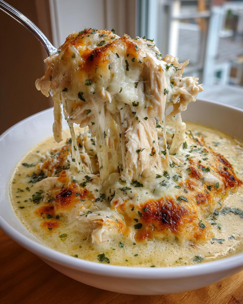 A spoonful of shredded chicken and melted, browned cheese being lifted from a bowl of crock pot creamy chicken parmesan soup.