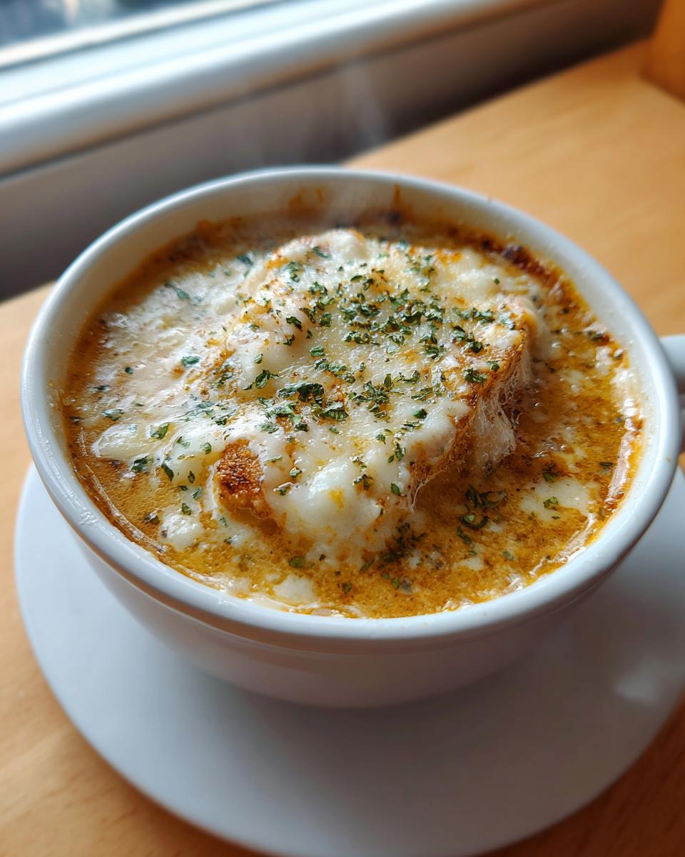 Close-up of a hot bowl of crock pot creamy chicken parmesan soup topped with melted cheese and herbs.