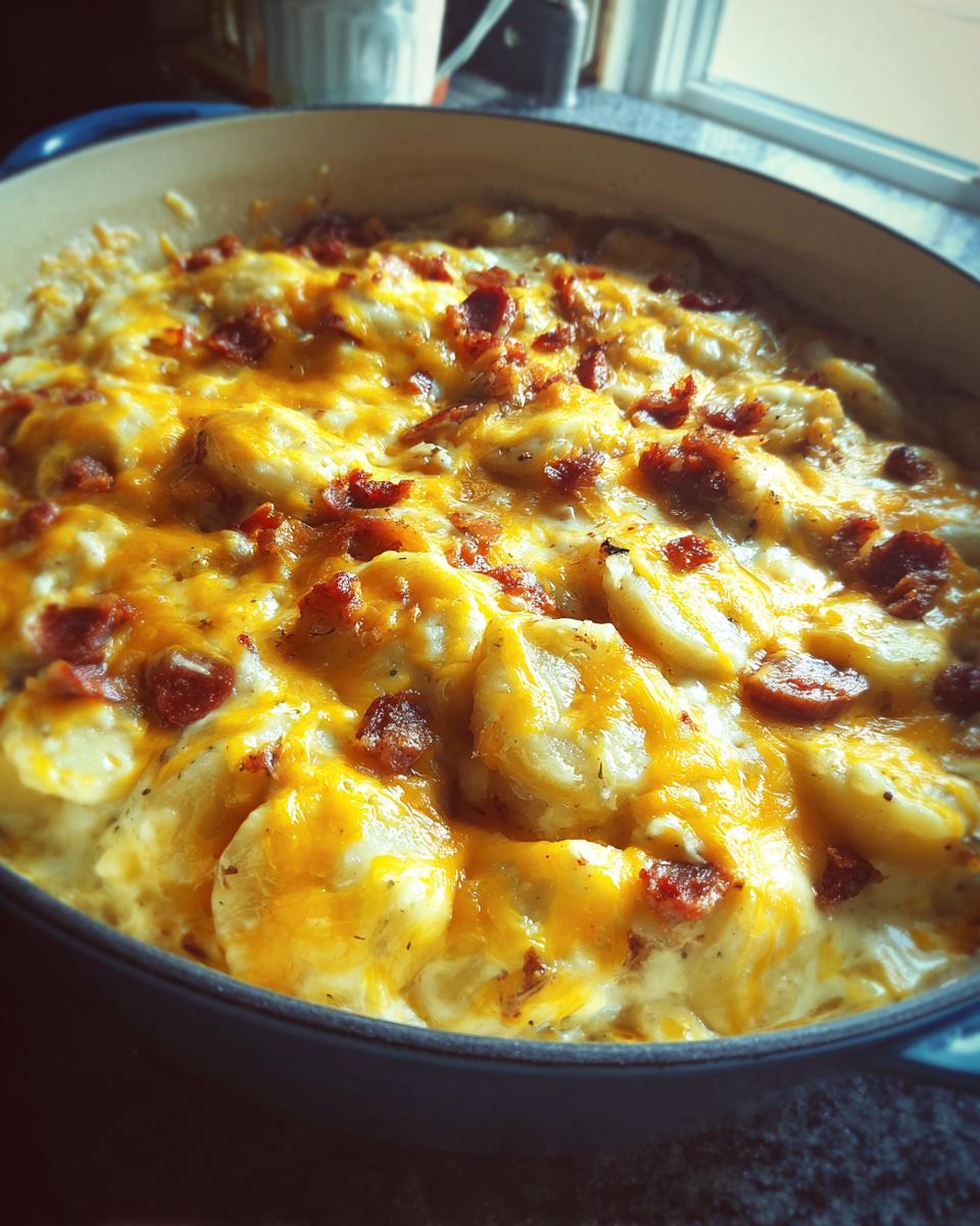 Close-up of a bubbling crock pot pierogi casserole with kielbasa, topped generously with melted cheddar cheese and bacon bits.