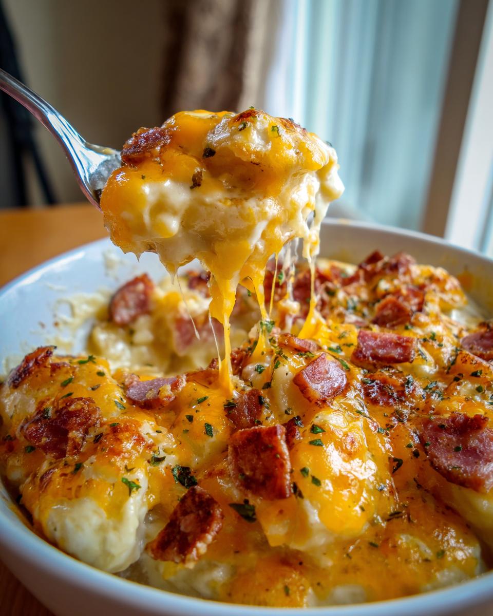 A spoonful of creamy crock pot pierogi casserole with kielbasa, showing melted cheese stretching from the bowl.