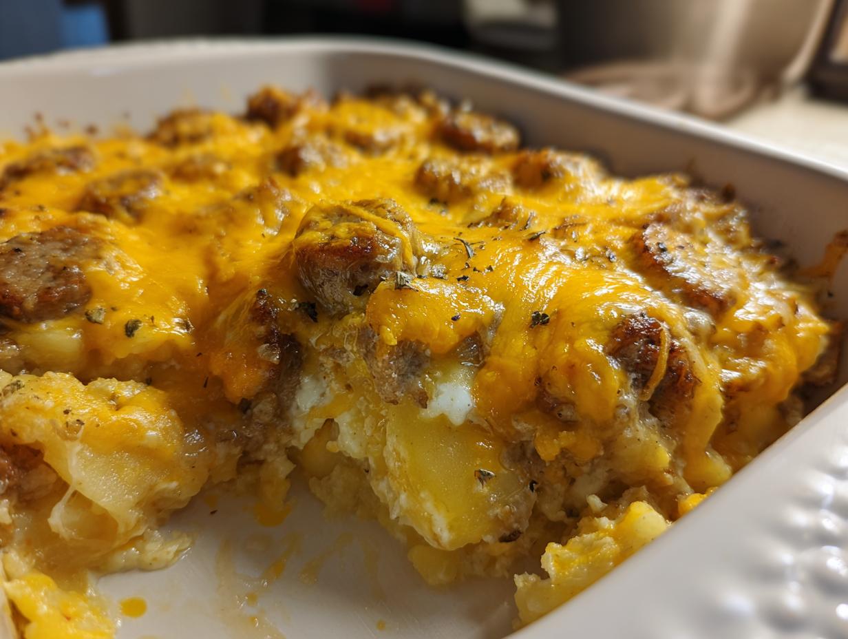 Close-up of a baked crock pot pierogi casserole with kielbasa slices and melted cheddar cheese topping.