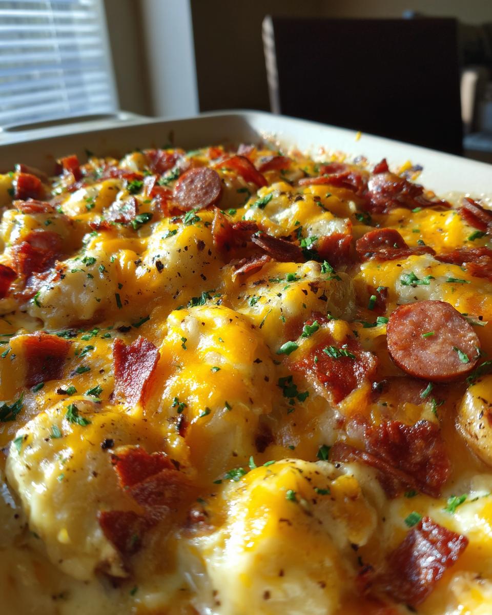 Close-up of a baked crock pot pierogi casserole with melted cheddar cheese, sliced kielbasa, and bacon bits.