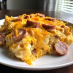 A close-up serving of crock pot pierogi casserole with kielbasa, topped with melted cheddar cheese.