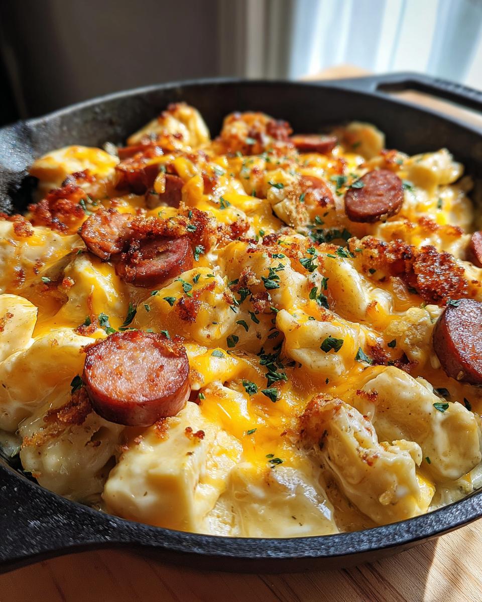 Close-up of a rich crock pot pierogi casserole with kielbasa slices, melted cheddar cheese, and parsley.