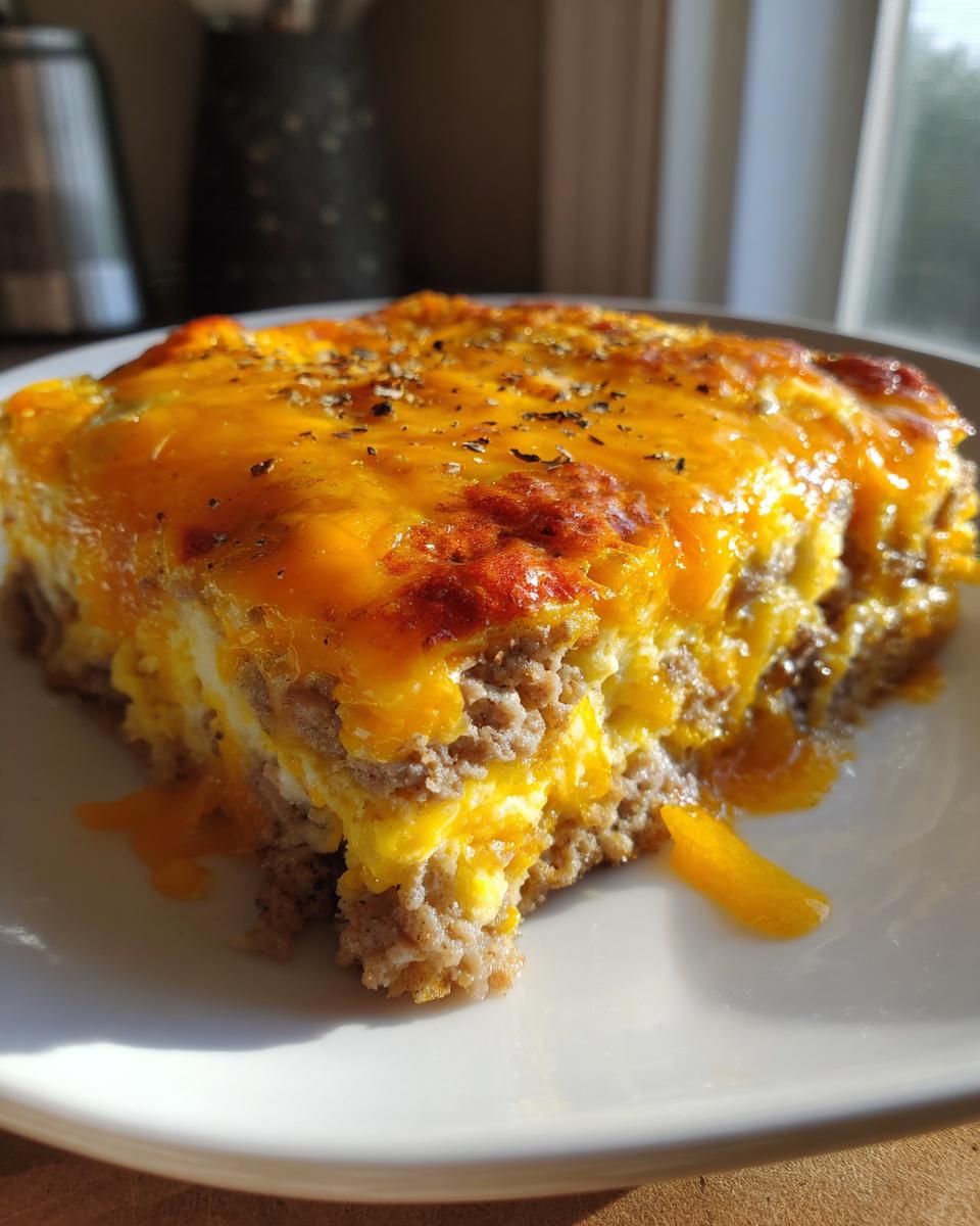 A thick slice of crockpot breakfast casserole topped with melted cheddar cheese and spices.