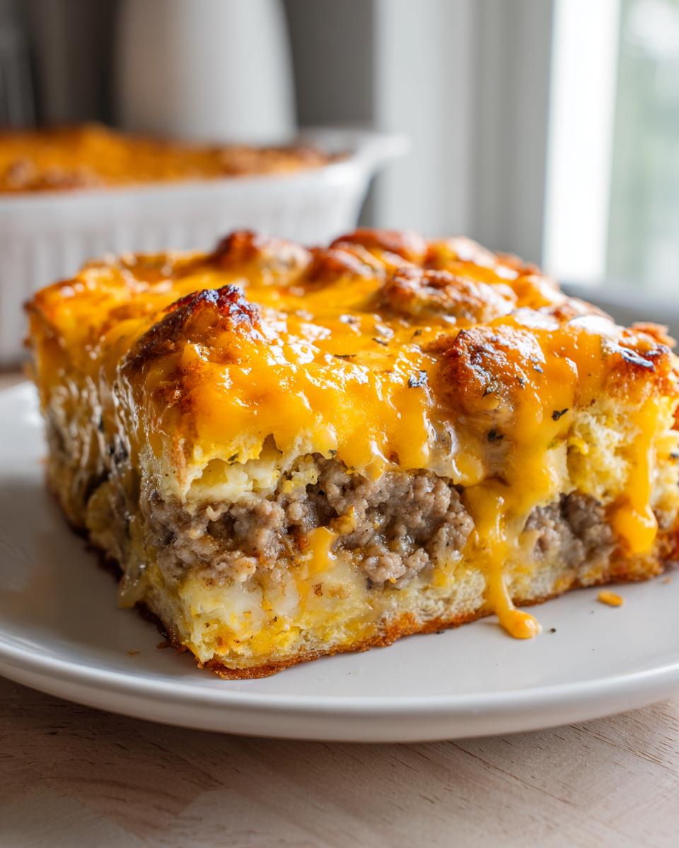 A close-up of a square slice of crockpot breakfast casserole topped with melted cheddar cheese and sausage filling.