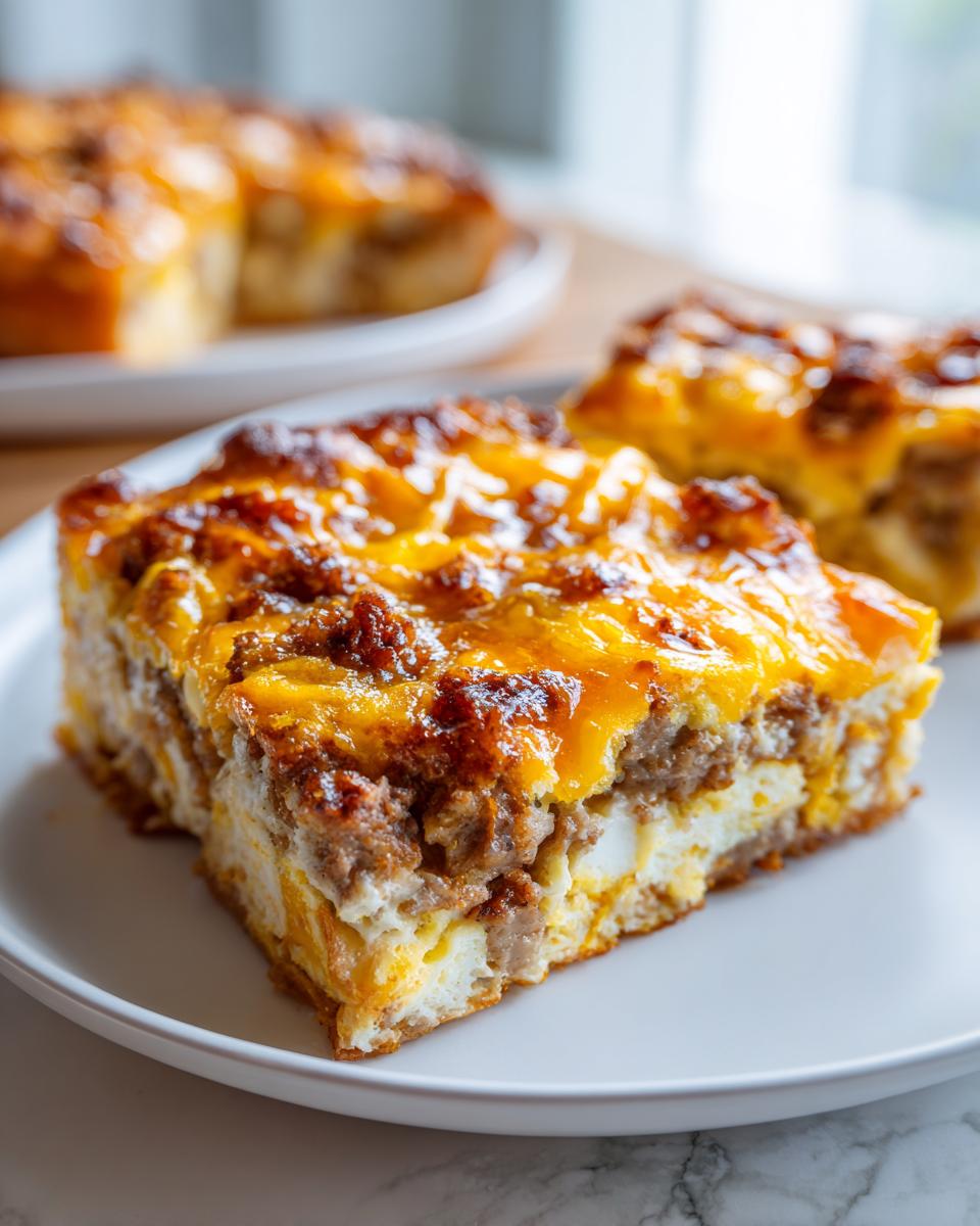 A close-up of a square slice of crockpot breakfast casserole topped with melted cheddar cheese and sausage.