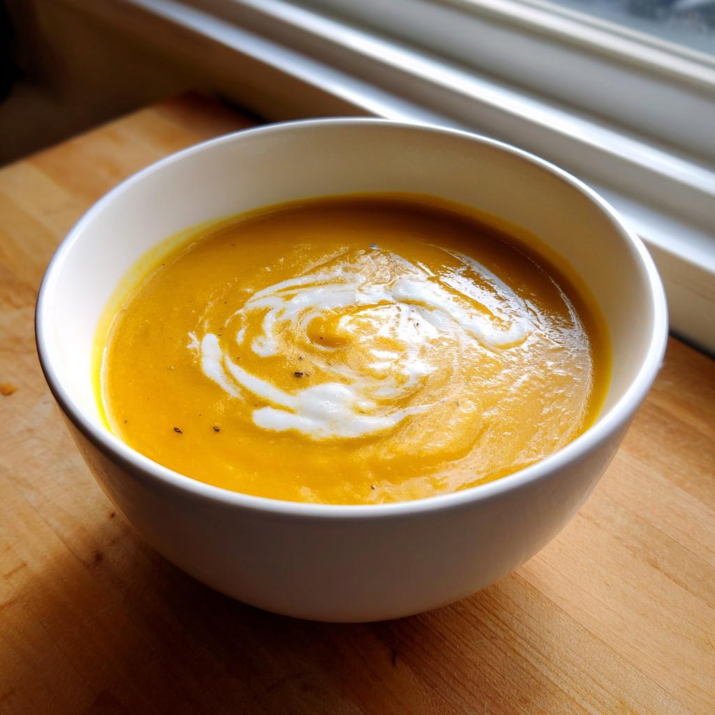A close-up of a white bowl filled with vibrant orange crockpot butternut squash soup, topped with a swirl of white cream.