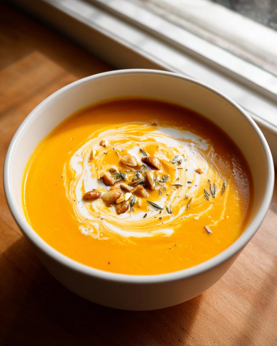 A bowl of vibrant orange crockpot butternut squash soup, swirled with cream and topped with toasted seeds and herbs.