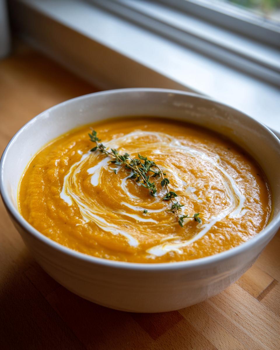 A close-up of creamy crockpot butternut squash soup garnished with a swirl of cream and fresh thyme.