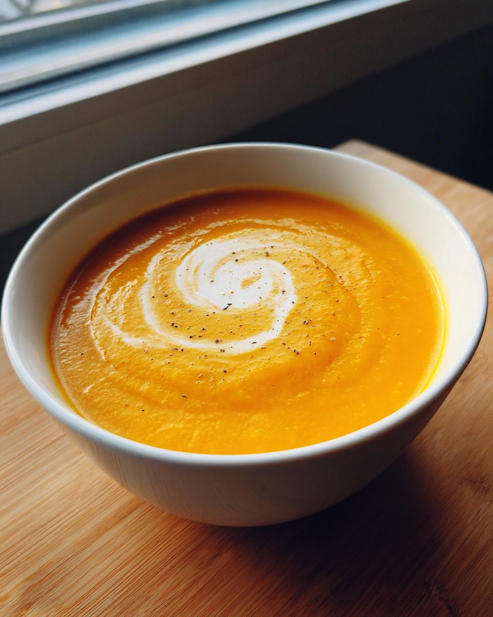 Close-up of vibrant orange crockpot butternut squash soup topped with a cream swirl and black pepper.