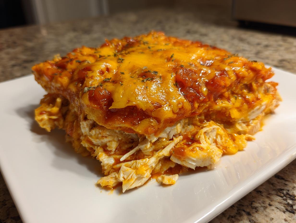 A hearty serving of crockpot chicken enchilada casserole topped with melted cheddar cheese and spices.