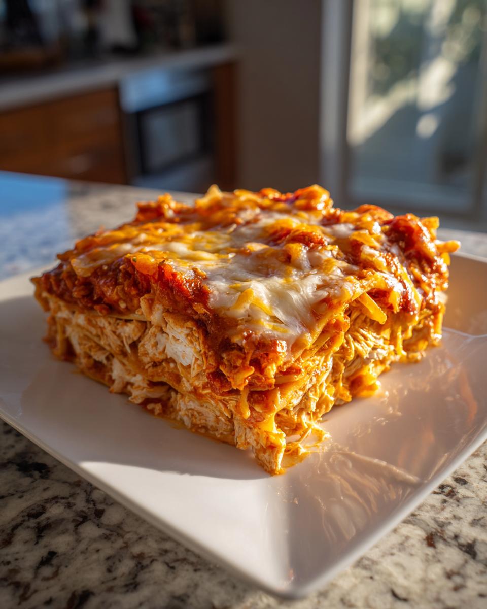 A thick, layered slice of crockpot chicken enchilada casserole topped with melted cheese, served on a white plate.