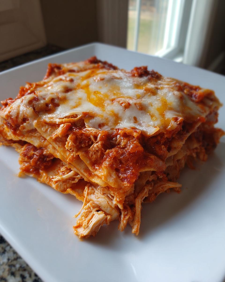 A layered slice of crockpot chicken enchilada casserole topped with melted cheese and red sauce.