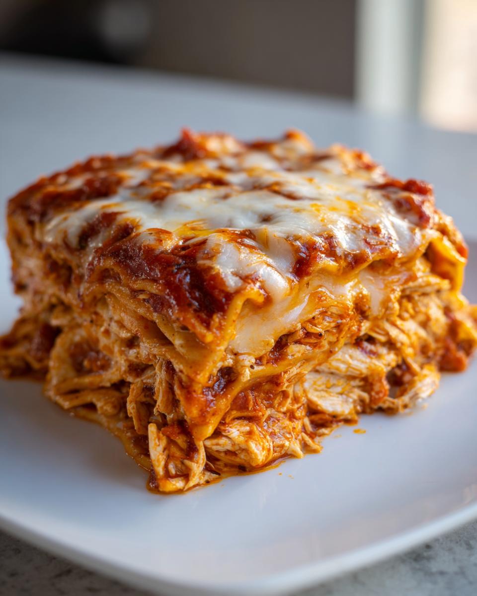A thick, layered slice of crockpot chicken enchilada casserole topped with melted cheese and red sauce.