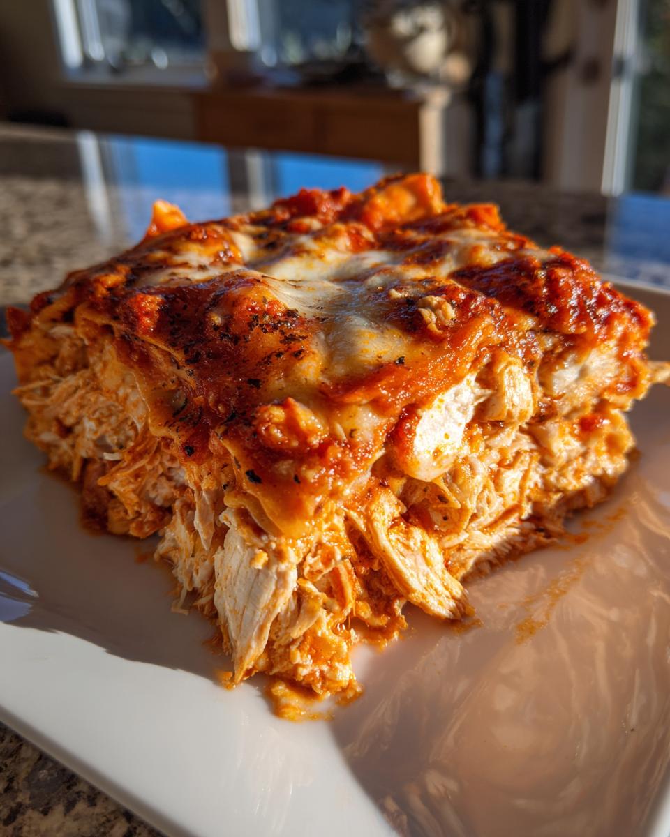 A hearty serving of crockpot chicken enchilada casserole topped with melted cheese and red sauce.