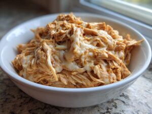 A white bowl filled with saucy, shredded crockpot italian chicken topped with melted white cheese.