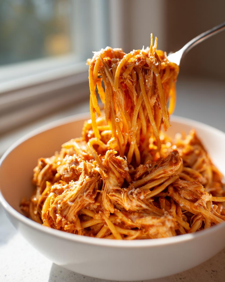 A fork lifts saucy spaghetti mixed with shredded crockpot italian chicken from a white bowl.