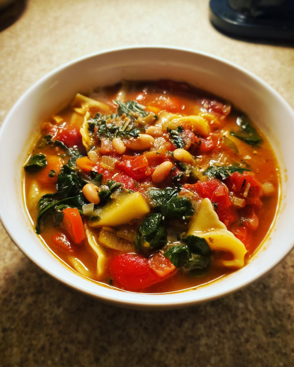 A close-up of a white bowl filled with rich crockpot minestrone soup featuring tomatoes, spinach, beans, and pasta.