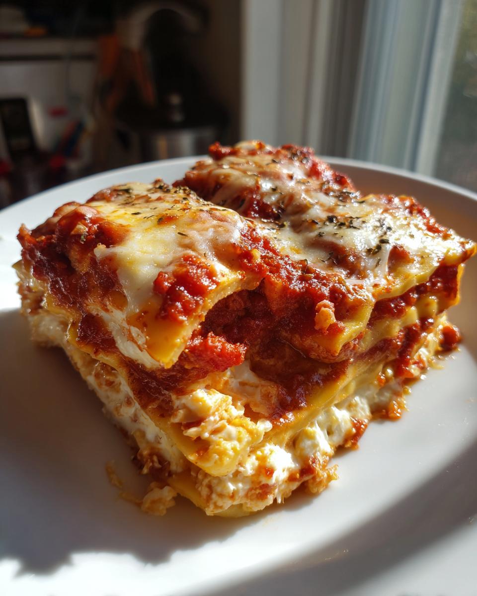 Two generous slices of crockpot ravioli lasagna no meat layered with cheese and marinara sauce, served on a white plate.
