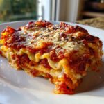A close-up of a rich, cheesy slice of crockpot ravioli lasagna no meat on a white plate.