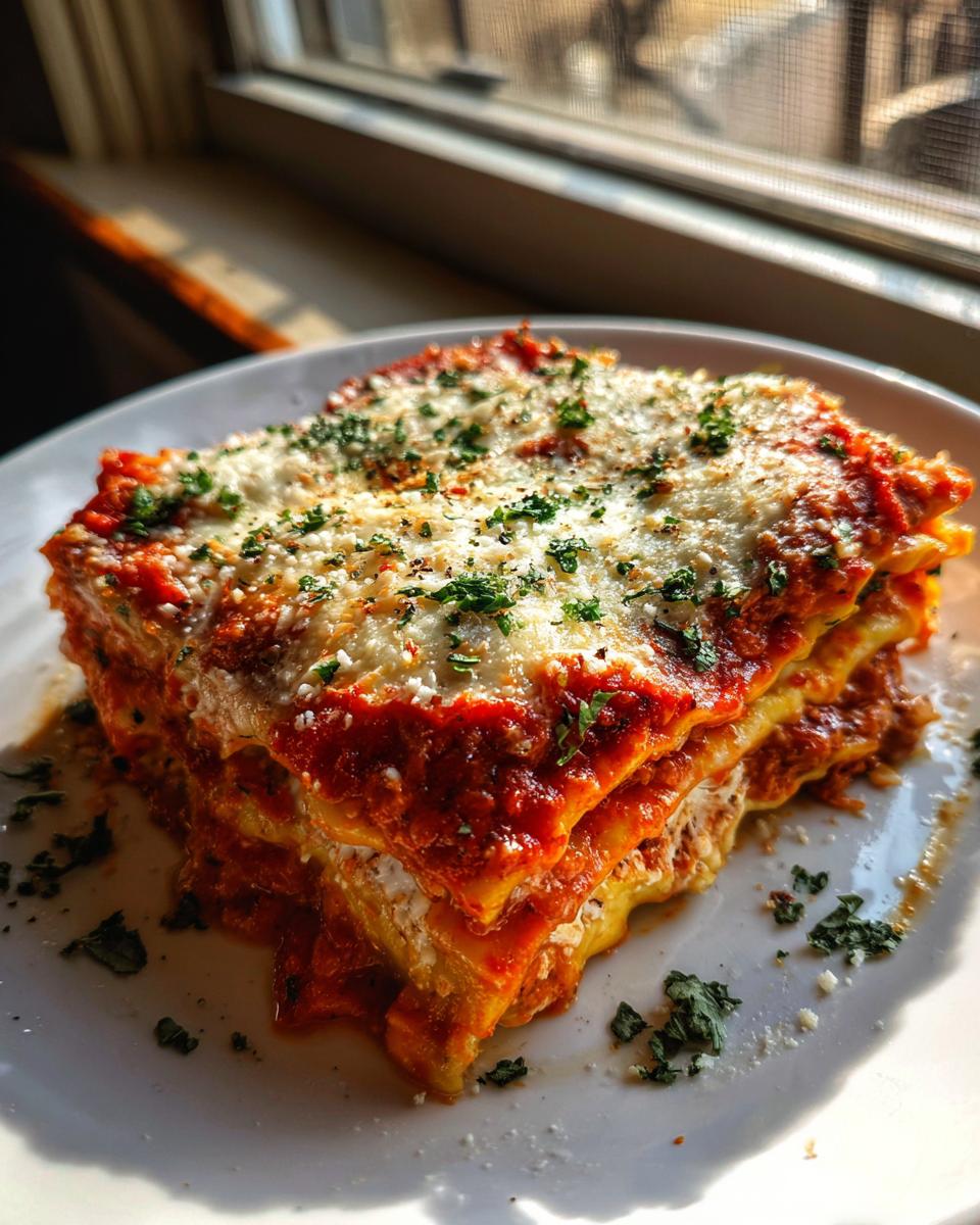 A thick, layered slice of crockpot ravioli lasagna no meat topped with melted cheese and parsley.