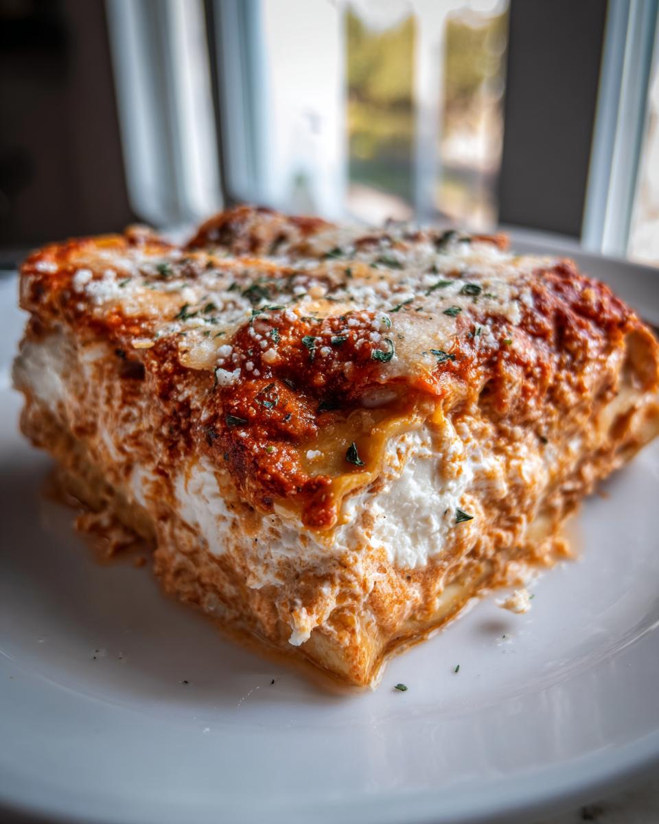 A thick, layered slice of crockpot ravioli lasagna no meat, topped with marinara sauce and melted cheese.