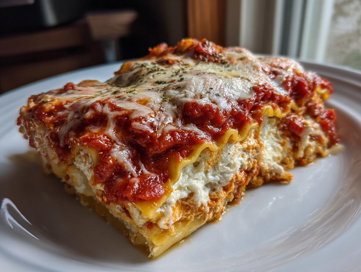 A generous slice of crockpot ravioli lasagna no meat layered with cheese and rich tomato sauce, served on a white plate.