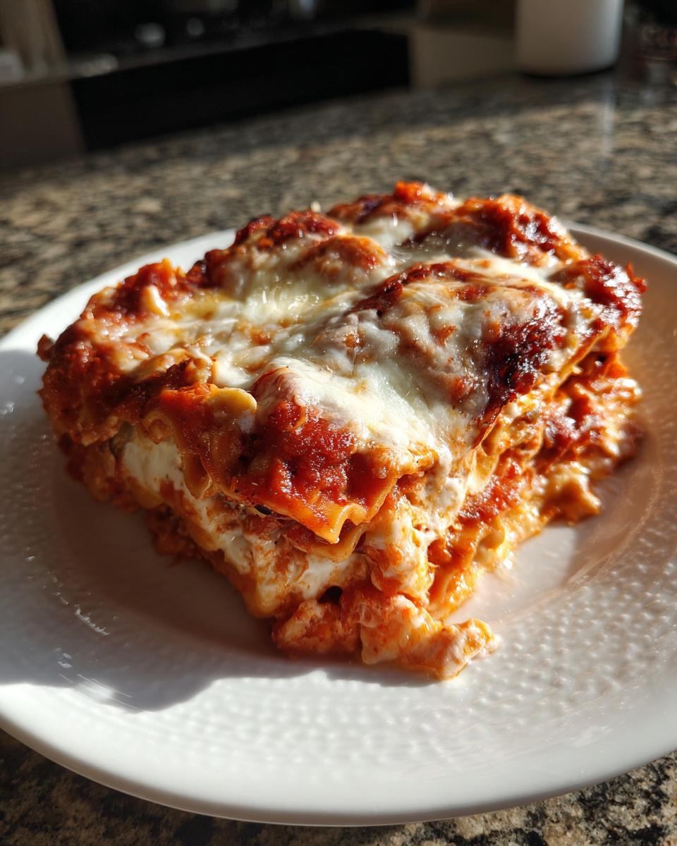 A thick, cheesy slice of crockpot ravioli lasagna with ricotta, covered in rich tomato sauce and melted mozzarella.