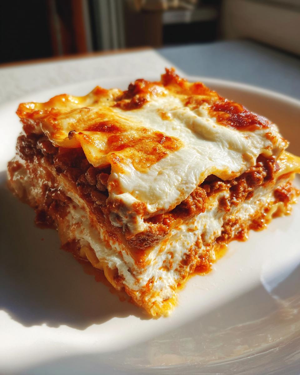 A close-up of a hearty slice of crockpot ravioli lasagna with ricotta cheese, showing layers of pasta, meat sauce, and melted cheese.
