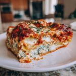 A thick, layered slice of crockpot ravioli lasagna with ricotta and spinach filling, topped with marinara sauce and parsley.