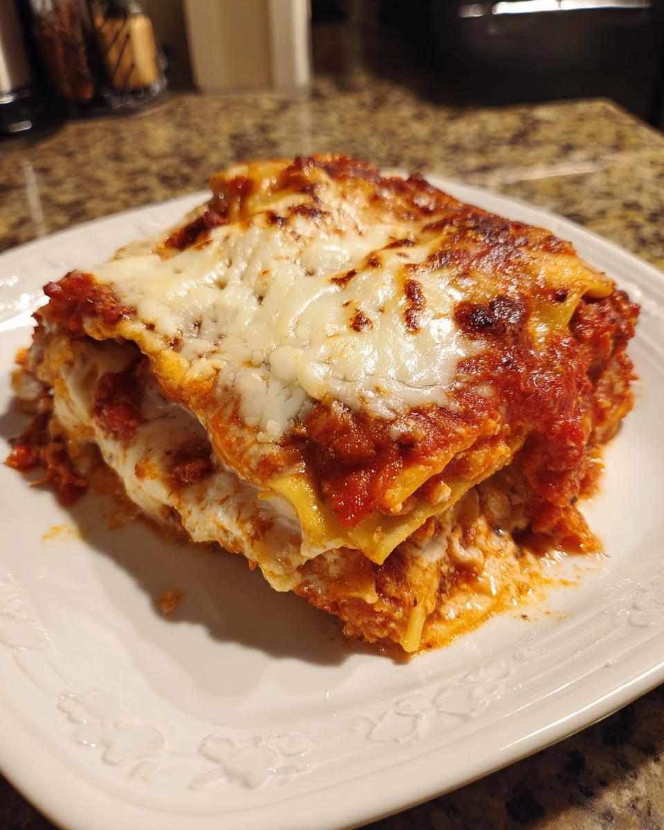 A hearty, cheesy slice of crockpot ravioli lasagna with ricotta, covered in melted mozzarella and rich tomato sauce.