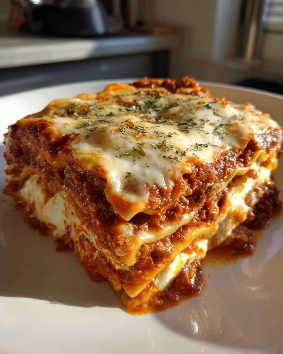 A perfectly layered slice of crockpot ravioli lasagna with ricotta, topped with melted cheese and herbs.