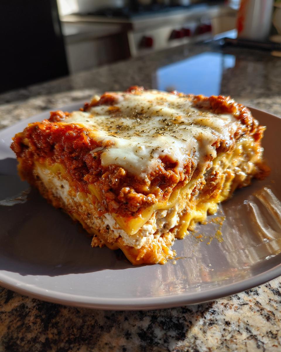 A close-up of a hearty slice of crockpot ravioli lasagna with ricotta, topped with melted cheese and herbs.