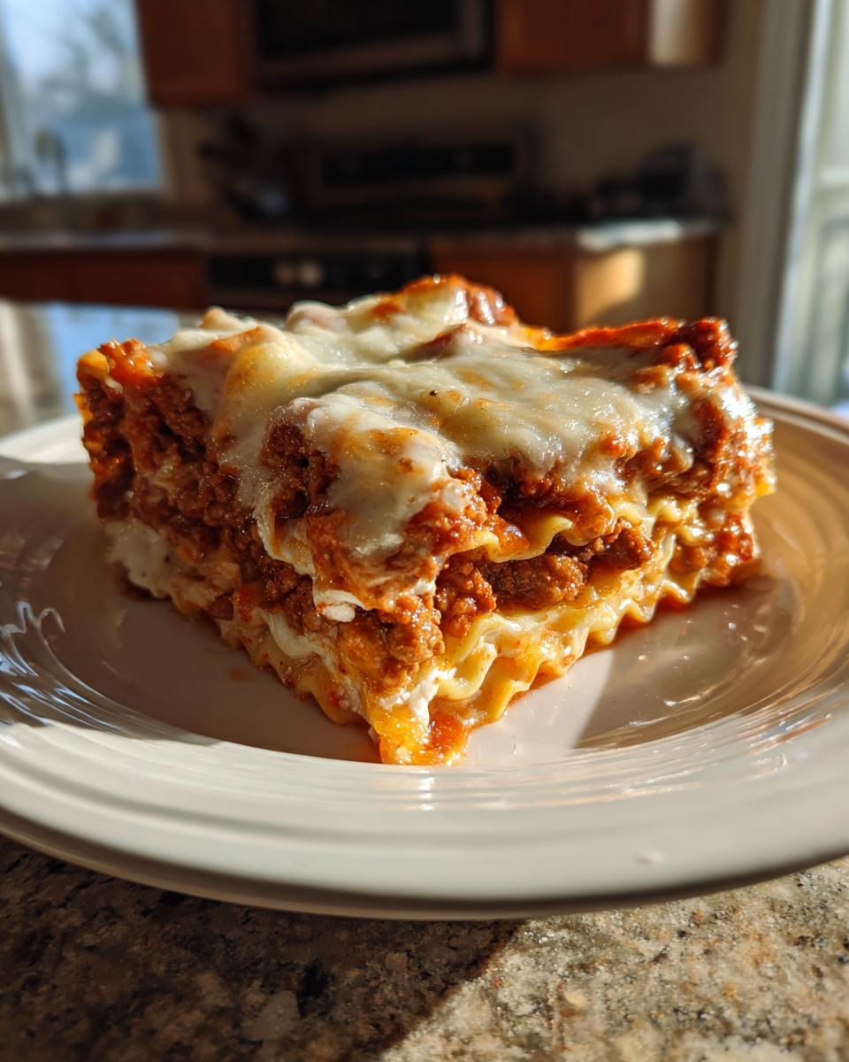 A hearty slice of crockpot ravioli lasagna with ricotta cheese, layered with meat sauce and melted mozzarella, served on a white plate.