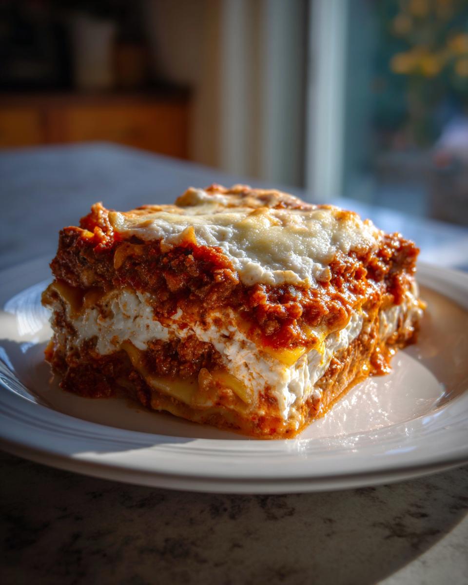 A hearty slice of crockpot ravioli lasagna with ricotta cheese, layered with meat sauce and melted mozzarella, served on a white plate.