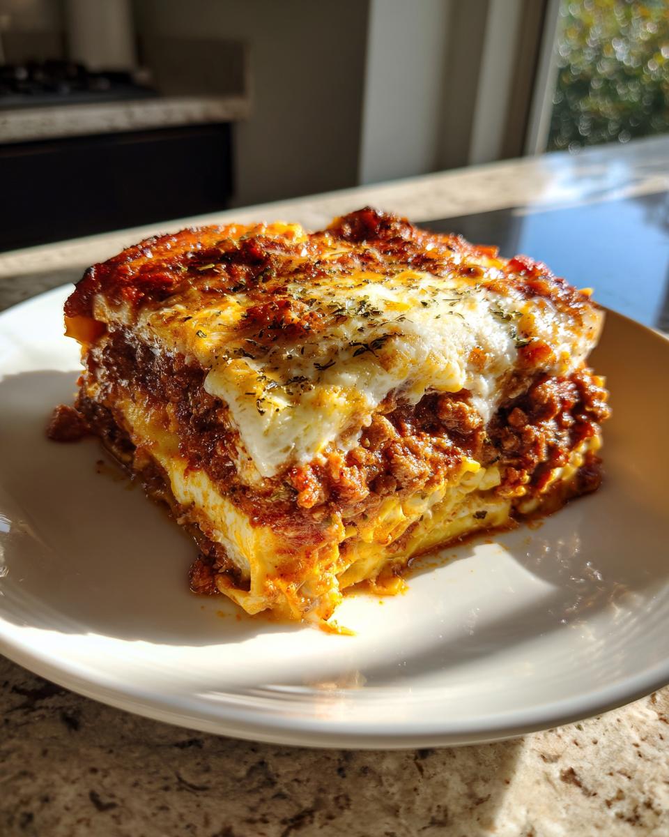 A thick, layered slice of crockpot ravioli lasagna with ricotta cheese, topped with melted cheese and herbs.