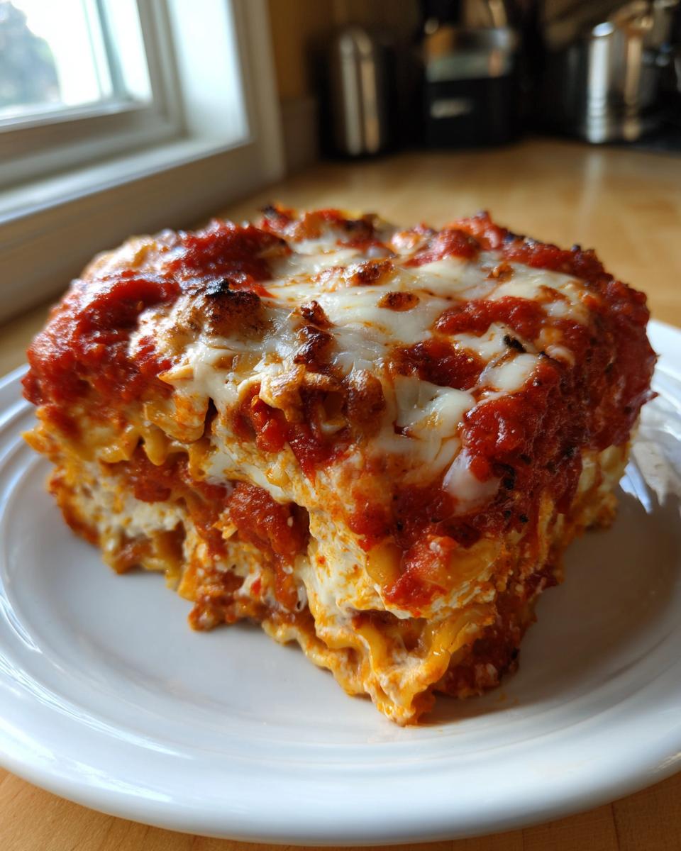 A generous slice of crockpot ravioli lasagna topped with melted, slightly browned mozzarella and rich tomato sauce.