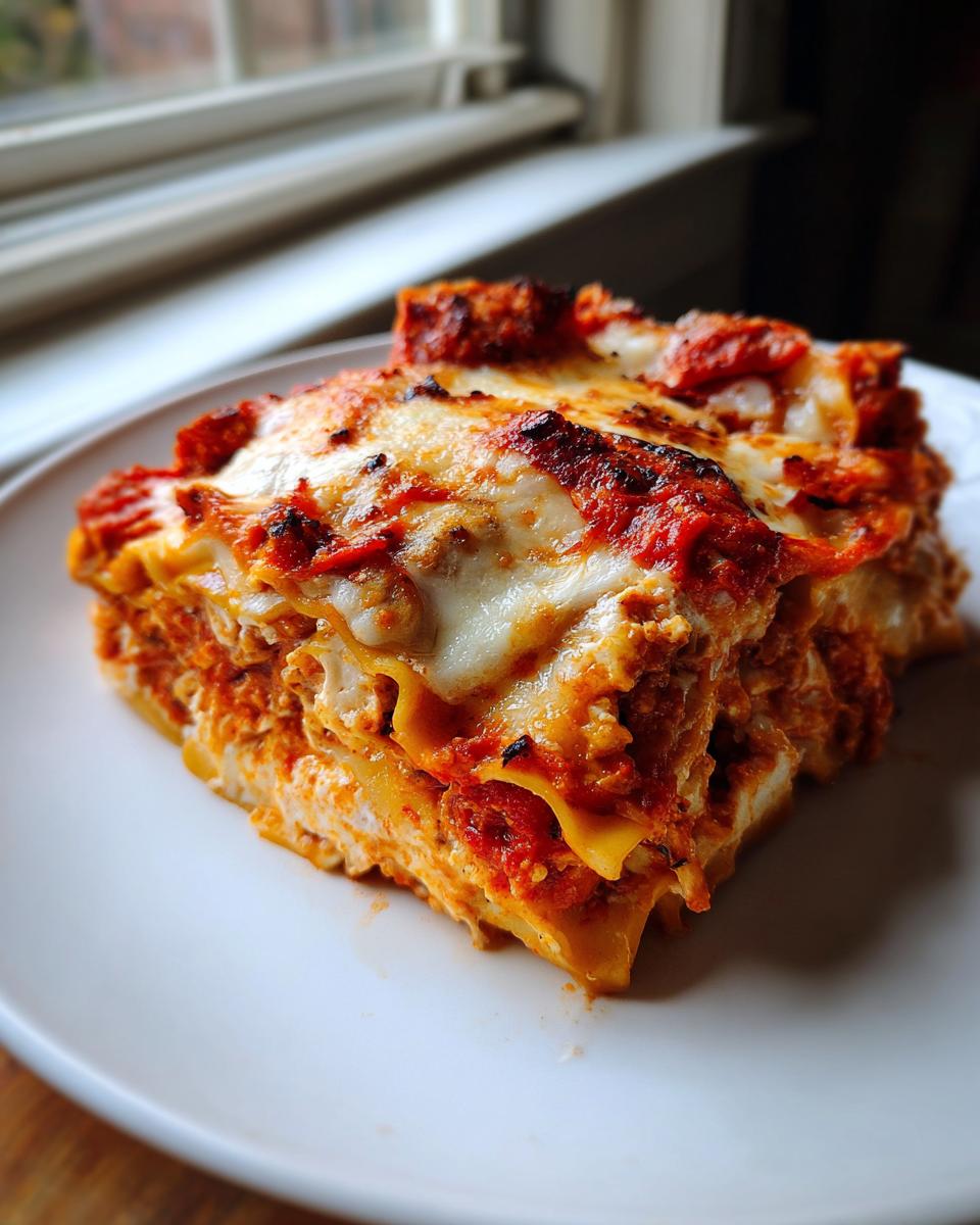 A generous serving of crockpot ravioli lasagna, layered with pasta, meat sauce, and melted, slightly browned cheese.