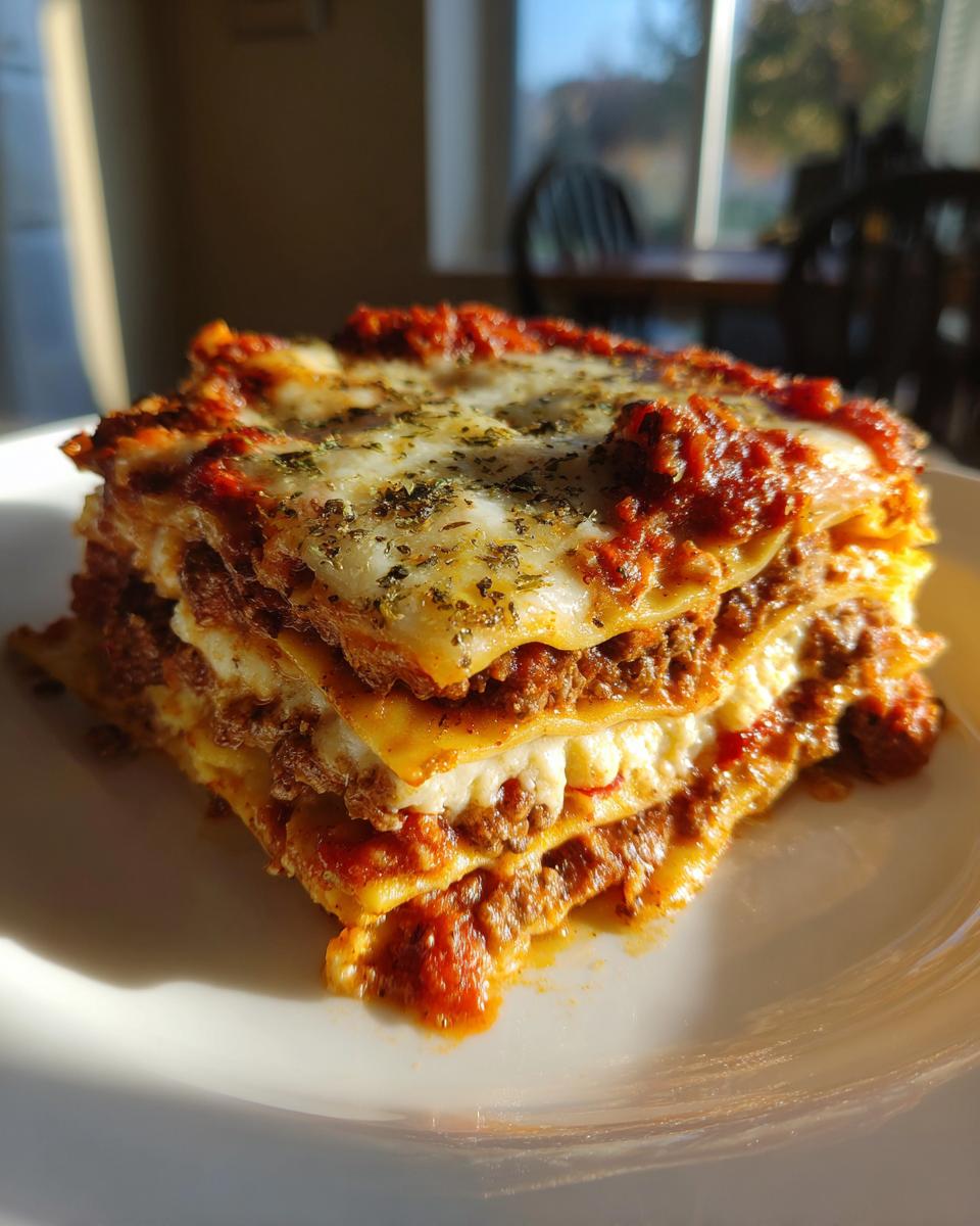 A tall, layered slice of crockpot ravioli lasagna covered in melted cheese and herbs, served on a white plate.