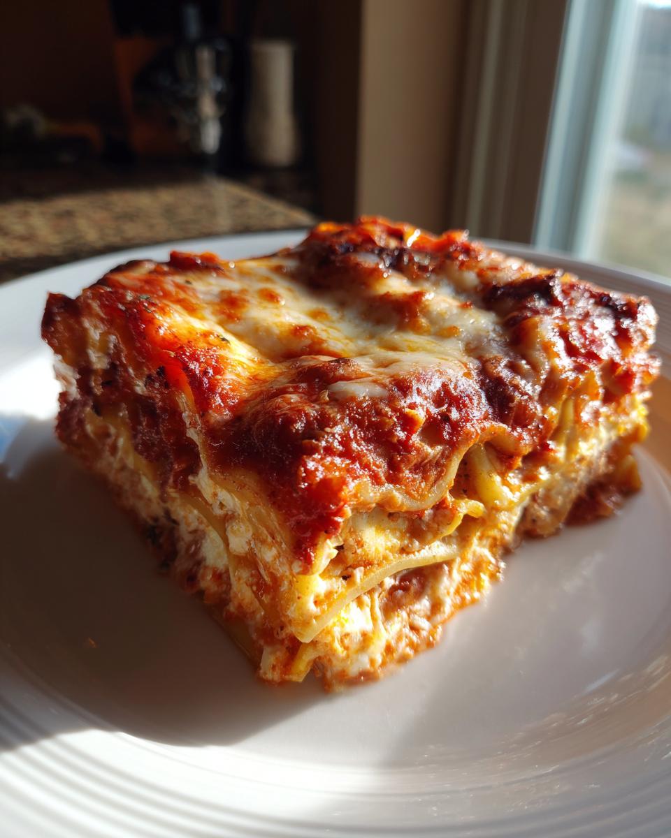 A thick square slice of crockpot ravioli lasagna, layered with pasta, cheese, and rich tomato sauce, sitting on a white plate.